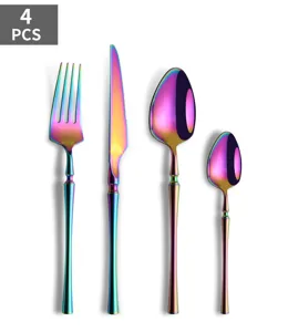 Detailed view of the 4 pcs rainbow stainless steel cutlery set, showcasing exquisite tableware.