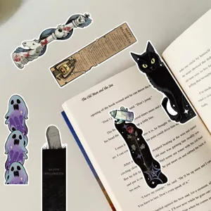 Vintage Halloween bookmark detail, creative black cat and ghost paper bookmarks for reading.