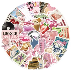 Aesthetic pink journal stickers detail view, waterproof scrapbooking decor for crafts.