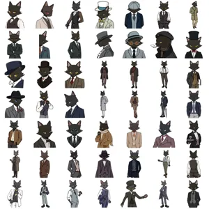 Detailansicht süßer Cartoon schwarze Katzen Gentleman Sticker Bogen für Tagebuch und Tassen.