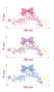 Acrylic Happy Birthday cake topper with cute bow and flower design, size 160x77mm