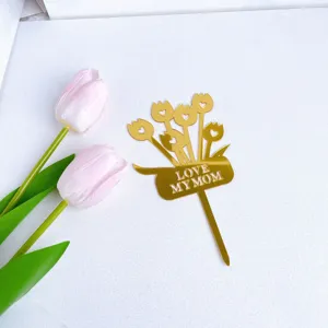 Gold acrylic Mother's Day cake topper with cute tulip bouquet design for party decor.