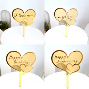 Acrylic Heart Cake Topper Gold Silver Mirror Happy Birthday Anniversary I Love You Cake Decoration For Party Wedding Baking Ornament