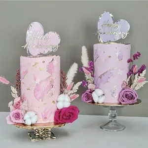 Hart Happy Anniversary Acryl Taarttopper Roze Goud Zilver Kleur Gedrukte Taart Decoratie Kaart Voor Valentijn Bruiloft Verjaardag Feest Decoratie