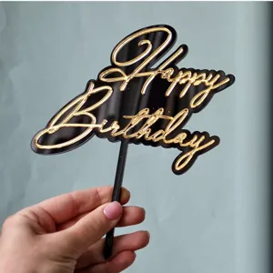Topper de gateau d'anniversaire en acrylique noir et or pour la decoration de fete