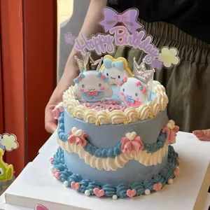Cute Cinnamoroll themed birthday cake featuring acrylic Happy Birthday topper and crown decorations.