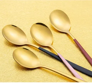 Korean style 304 stainless steel spoon with gold mirror finish and multi-colored handles.