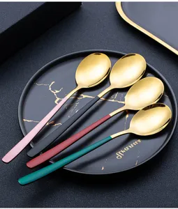 Stainless steel spoon set with gold head and colorful long handle for home dessert.