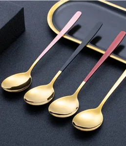 Korean 304 Stainless Steel Long Handle Spoon Dessert Spoon Gold Plated Cutlery Set