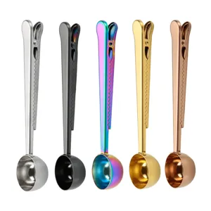 Stainless steel measuring spoon with sealing clip, multi-functional kitchen baking coffee scoop