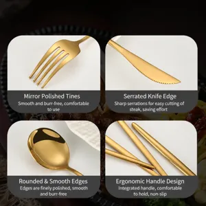 Gold stainless steel cutlery set detail view showing fork, knife, spoon and handle design.