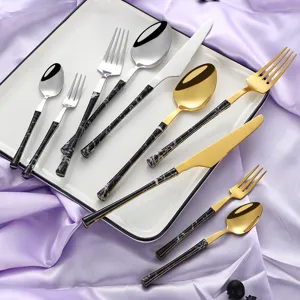 Stainless Steel Western Tableware Set Mirror Polished Dinner Knife Fork Spoon Teaspoon Wood Grain Marble Grain Kitchen Flatware