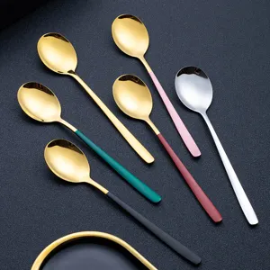 Korean style 304 stainless steel spoons set, beautiful long handle dessert spoons stock