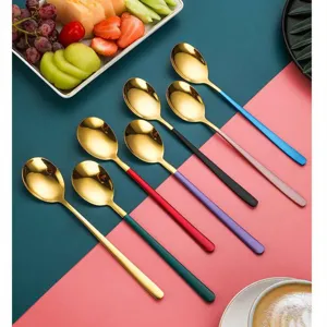 Korean style 304 stainless steel long handle spoon set with colorful handles for kitchen