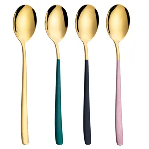 Korean 304 stainless steel spoon set with colorful handles for dining and dessert.