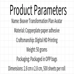 Product specification detail showing 500 pcs cartoon sticker roll dimensions 2.8x2.8cm.