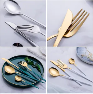 Stainless steel cutlery set including knife fork and spoon for modern dining table