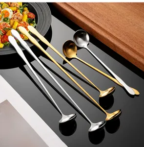 Stainless steel long handle mixing spoons, elegant gold and silver finish, perfect for coffee.