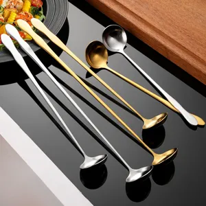 Stainless steel long-handled mixing spoons, gold and silver cutlery set for coffee or hot pot.
