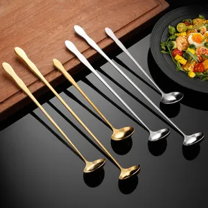Stainless steel long handled stirring spoon with gourd handle for coffee, ice and cocktails.