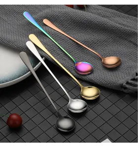 Stainless steel long handle stirring spoon, product detail showcasing multi-color options.