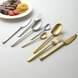 Stainless steel matte cutlery detail view, modern design knife fork spoon set showcase