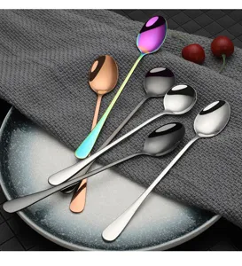 Stainless steel long handled mixing spoon detail shot, multi-color spoon set for home or dessert.