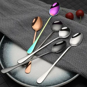 Stainless steel long handled spoon set, durable metal mixing spoon for drinks, desserts and coffee.