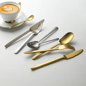 Stainless steel cutlery set matte gold silver knife fork spoon tableware kitchen dining.