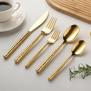 Gold stainless steel hammered cutlery set dinner knife fork spoon kitchen tableware