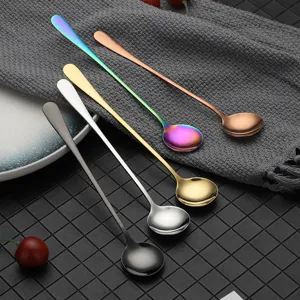 Stainless steel long handled stirring spoons set, colorful coffee dessert spoons for home.