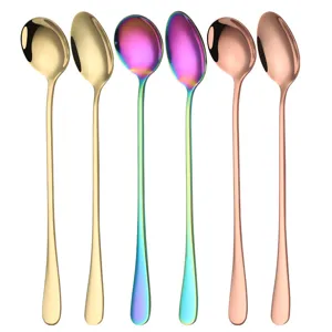 Stainless steel long handle spoons set, colorful mixing spoons for home and party use.