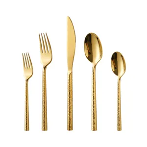 5-Piece Gold Stainless Steel Cutlery Set with Hammered Handles for Fine Dining and Tableware