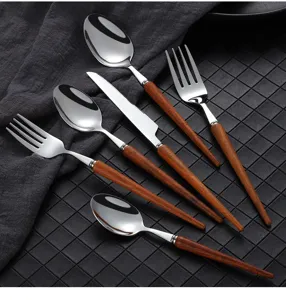 Japanischer Stil 304 Edelstahl Besteck Set mit Holzgriffen Essmesser Gabel Löffel