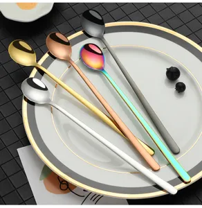 5 pcs long handle stainless steel spoons set, gold, silver, rainbow. Ideal for bar and coffee.