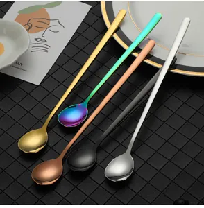 Stainless steel long handle spoons, multi-color coffee ice mixing cocktail bar spoons detail