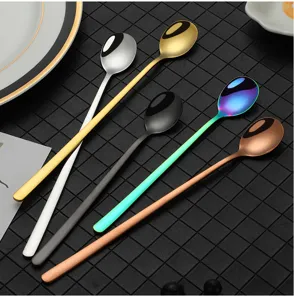 Stainless steel long handle spoons set, multi-color cocktail ice tea mixing spoons detail.