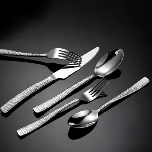 Hammered stainless steel flatware set 5 pieces western steak knife fork and spoon.