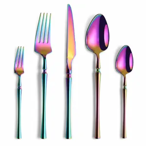 Rainbow stainless steel cutlery set with fork knife spoon, luxury table flatware with dimensions.