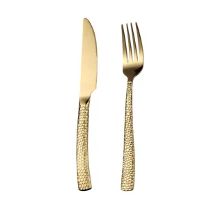 Stainless steel hammered knife and fork set, elegant gold western tableware for dining