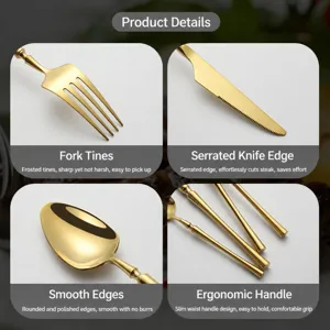 Luxury golden stainless steel cutlery set, elegant flatware fork knife spoon with ergonomic handle.