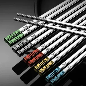 Stainless steel chopsticks 5 pairs, anti-slip square design, 316L metal tableware.