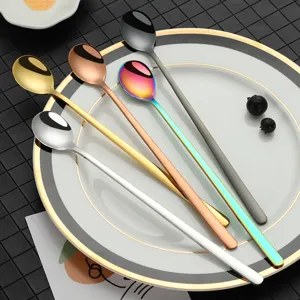 Korean style long handle stainless steel spoon set, perfect for cocktails, ice cream, and bar use.