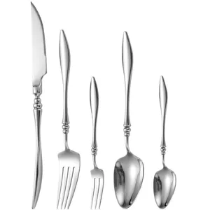 Stainless Steel Cutlery Set French Luxury Silver Flatware Knife Fork Spoon 5-Piece