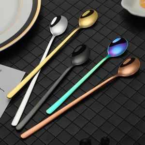 Stainless steel long handle spoons, colorful bar spoons for cocktails and iced drinks.
