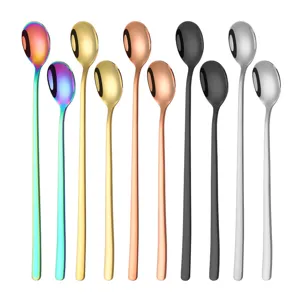 Stainless steel long handle spoon set, perfect for cocktail, coffee, ice tea, and dessert use.
