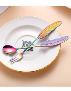 Ensemble cuillère et fourchette plume en acier inoxydable, cuillère café arc-en-ciel, fourchette.
