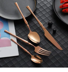 Rose gold stainless steel flatware set with stylish waist design, knife, fork and spoons.