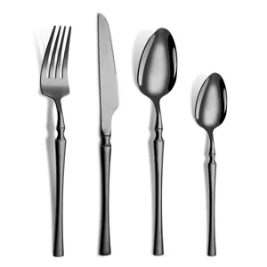 Elegant black stainless steel cutlery set 4-piece wasp waist fork knife and spoon.