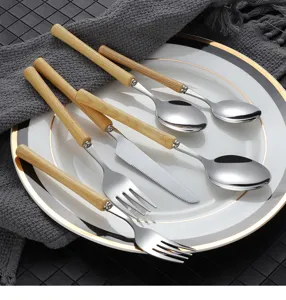 Stainless steel cutlery set with wooden handles, Japanese style fork spoon and knife tableware.